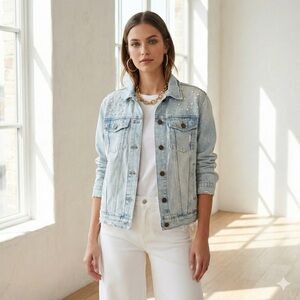 Current/Elliott Boyfriend Trucker studded distressed denim jean jacket - Large